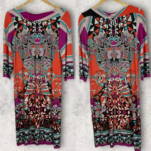 NEW Directions Bohemian Print Long Sleeve‎ Midi Dress Size Medium Boho Aztec Med